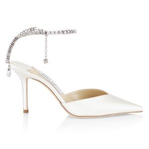 Jimmy Choo Saeda 85MM White Crystal Chain-Strap Satin Pumps 37.5